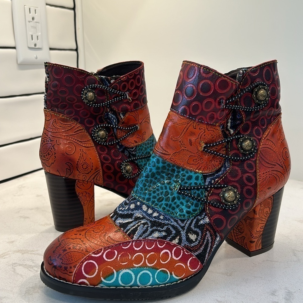Johnature Leather Mixed Colors Boots Shoes Zip Round Toe Sewing High Heel Ankle - Picture 7 of 16